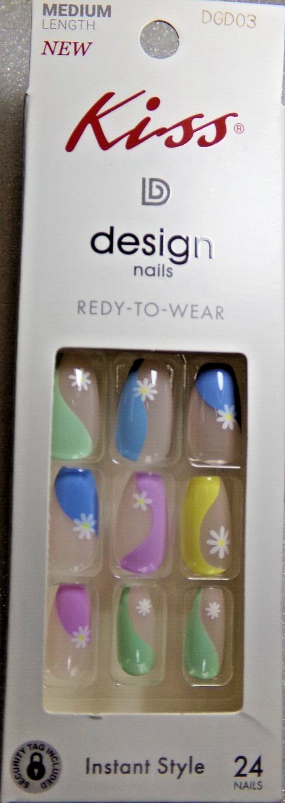 KISS NAILS GLUE ON SHINY PINK, BLUE, YELLOW MEDIUM LENGTH, COFFIN SHAPE