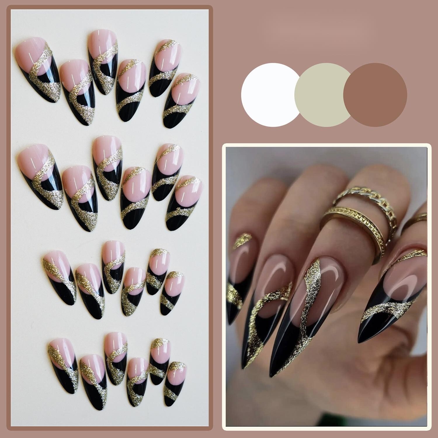 New Year Almond Nails Yellow and green Wearable Nail Tips, 24 Pieces, Gift