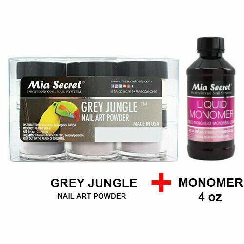 New Mia Secret Monomer 4 Ounce + GREY JUNGLE Nail Art Powder 6 Colors Set