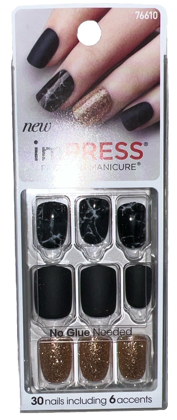 Kiss Nails Impress Press On Manicure #76610 Yeah Boy (Black Marble Gold Glitter)