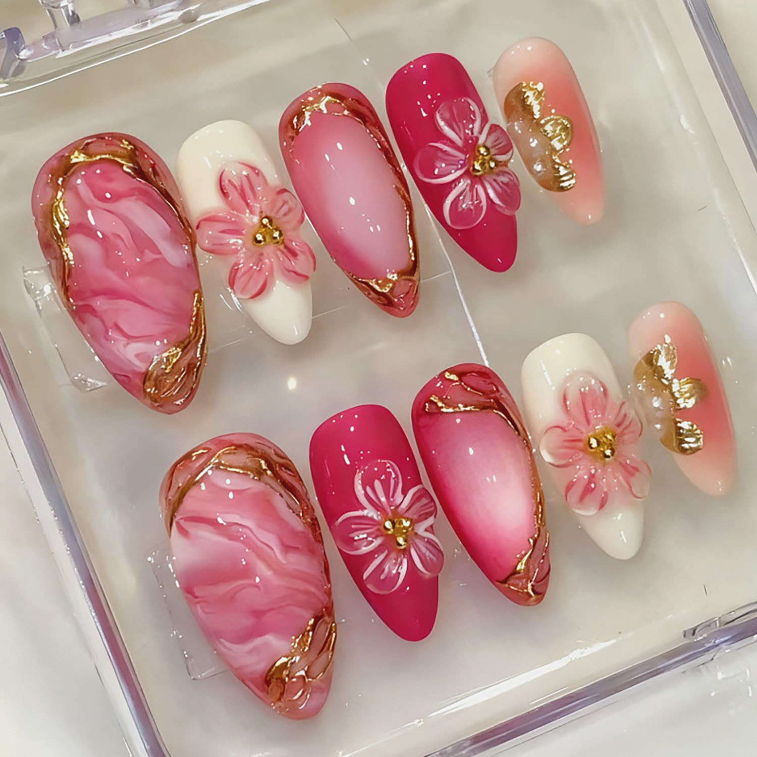 30Pcs Pink Press on Nails Medium Almond Fake Nails with 3D Flowers Pearl Designs