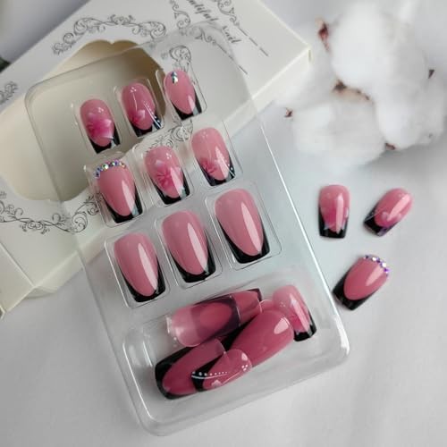 24Pcs Black French Tip Press on Nails Medium Square Flower Nails Medium-30