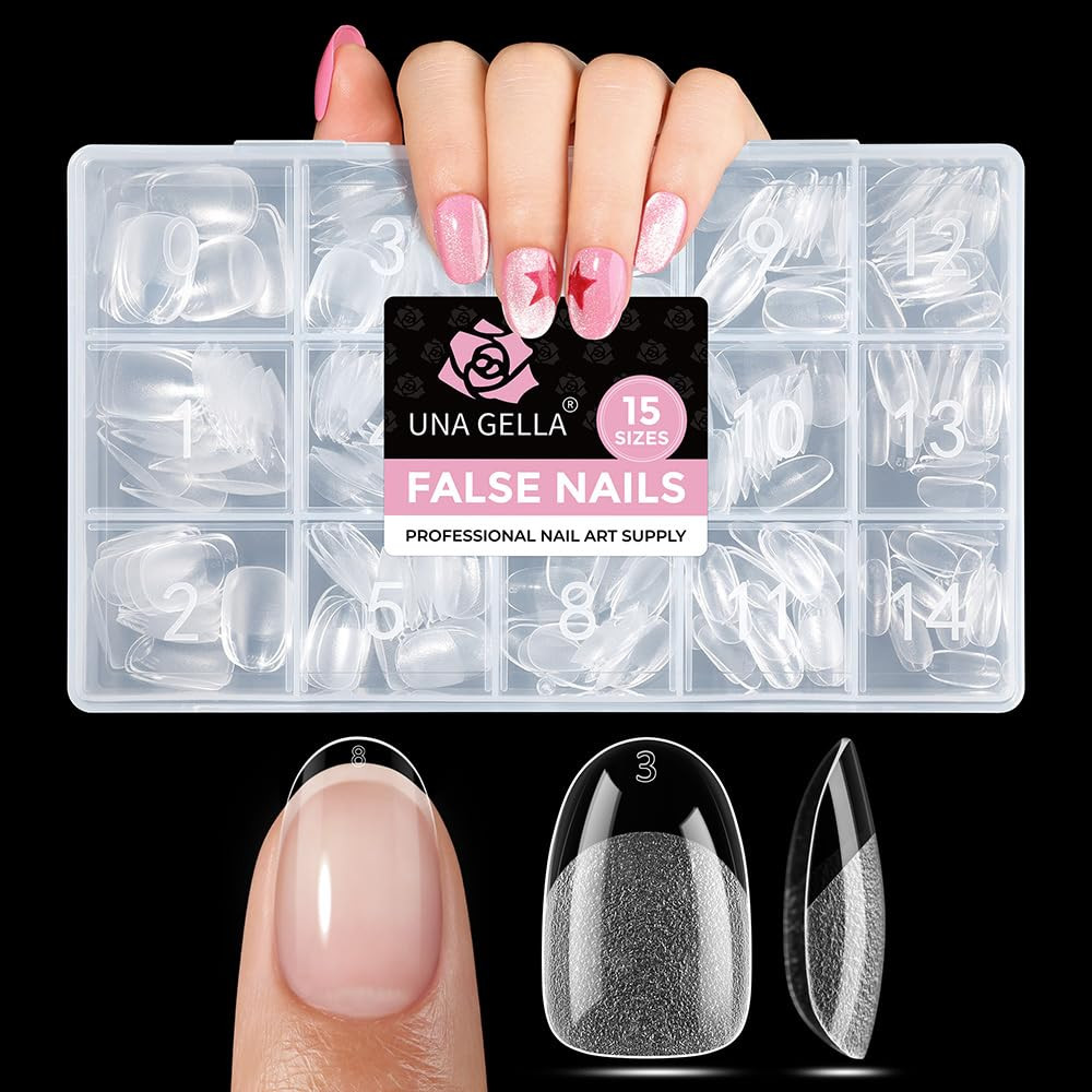 UNA GELLA Oval Gel Nail Tips Short 15 Sizes 300PCS, Oval, Transparent
