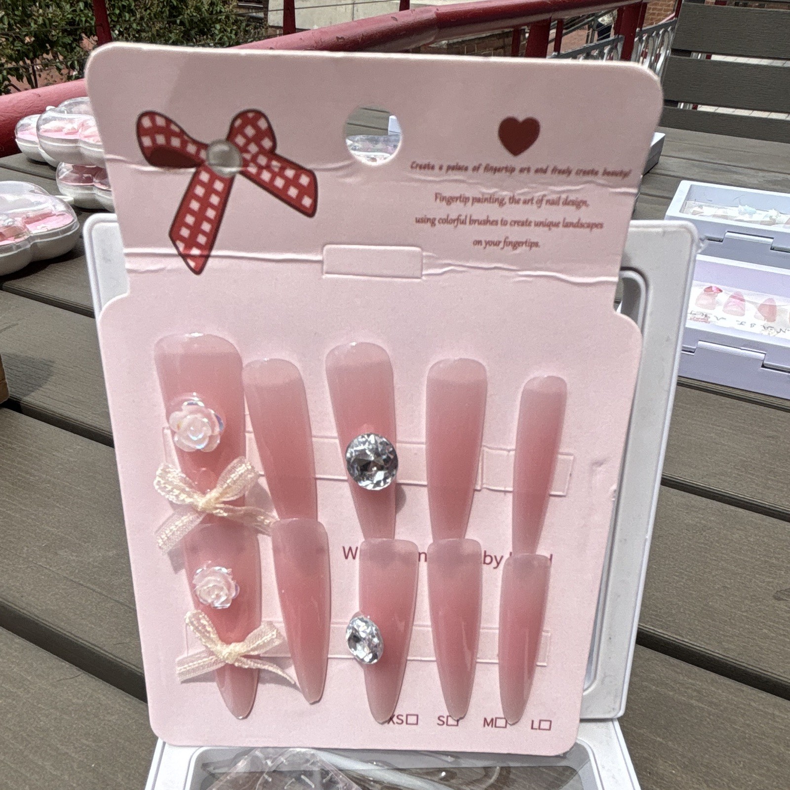 Pink Long Coffin Press-On Nails Self-Adhesive Pre-Designed Shiny Rhinestone Bows