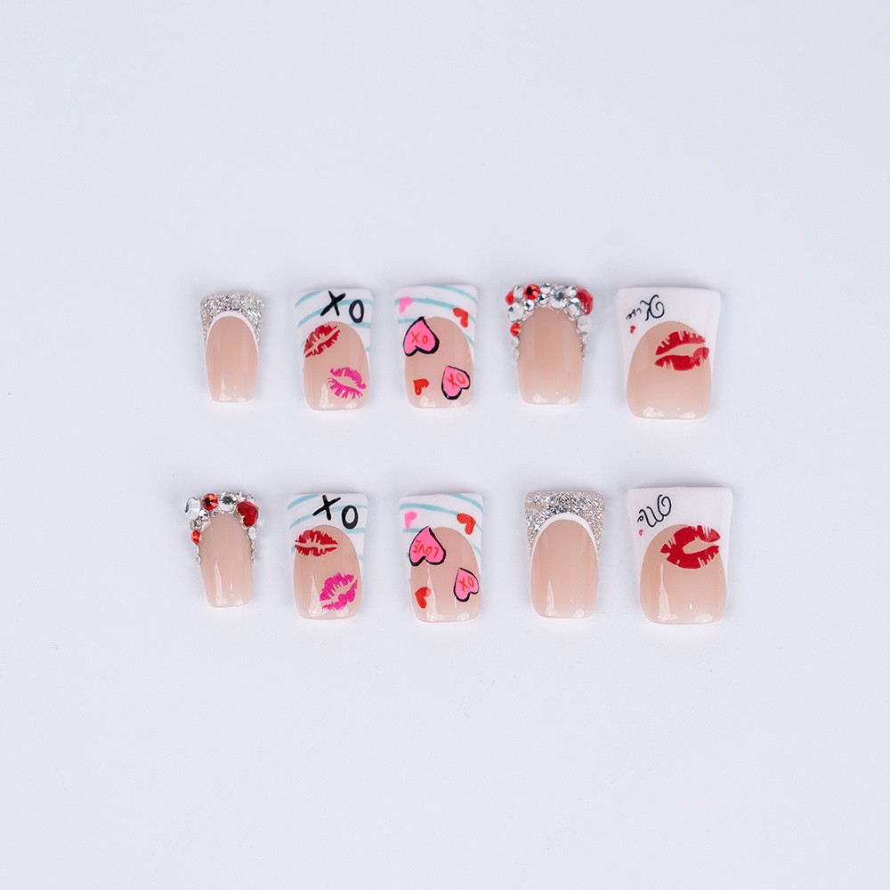 10pcs Handmade High Quality Valentine’s Press-On Nails Red Lip Heart Fake Nails