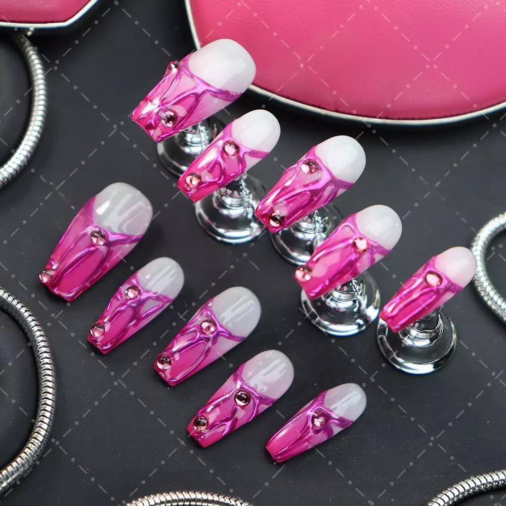 Handmade Coffin False Nail Gradient Rose Red Line Diamond Press On Nail