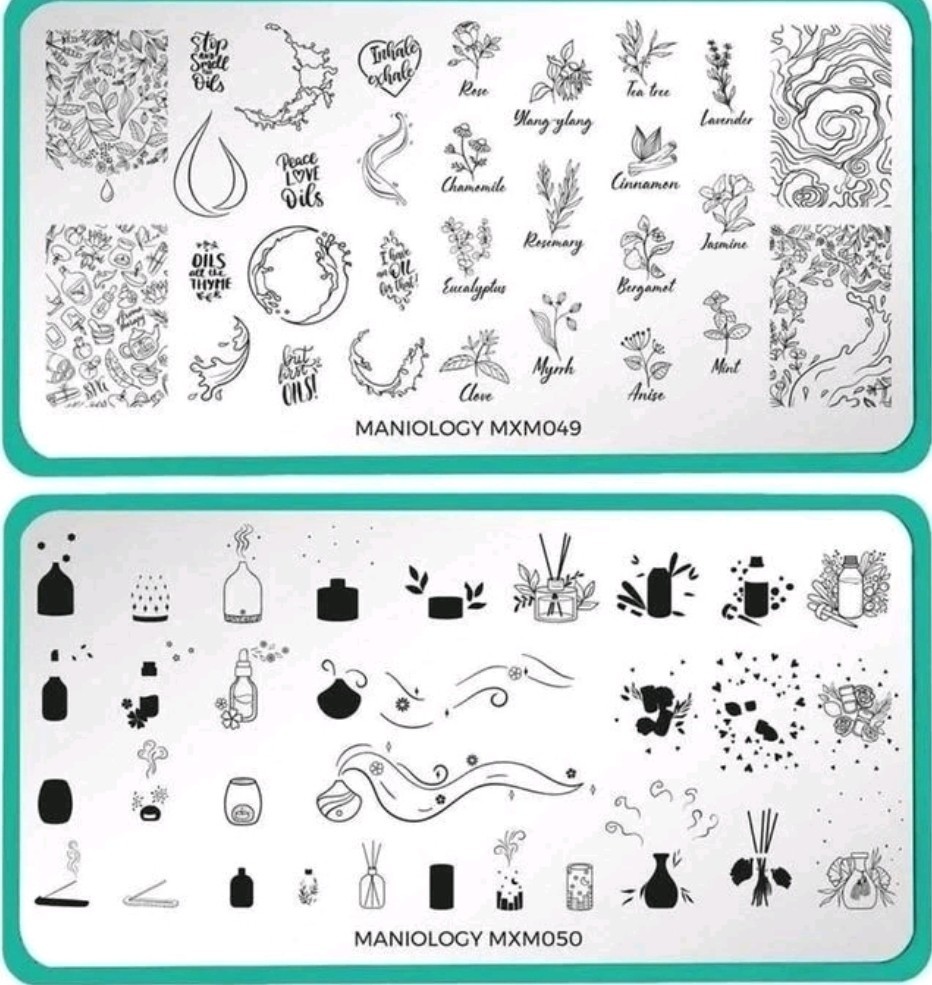 New Maniology Nail Art Stamping Plates Essential Oils Complete Set MXM049 MXM050