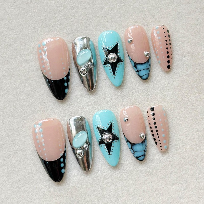 60Pcs-Long Almond Retro Turquoise Marble Star Polka Dot Press on Nails Set