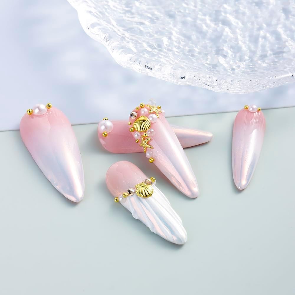 Summer Beach-Themed Nail Charms: 200 Gold Studs with Pearls & Caviar Beads