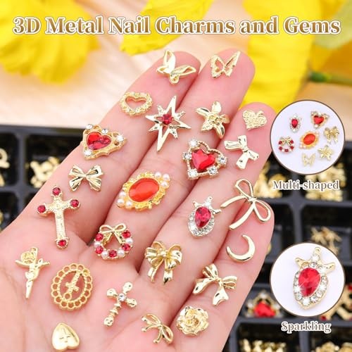 144Pcs Nail Charms and Gems, 3D Metal Heart Star Cross Red Nail Gold