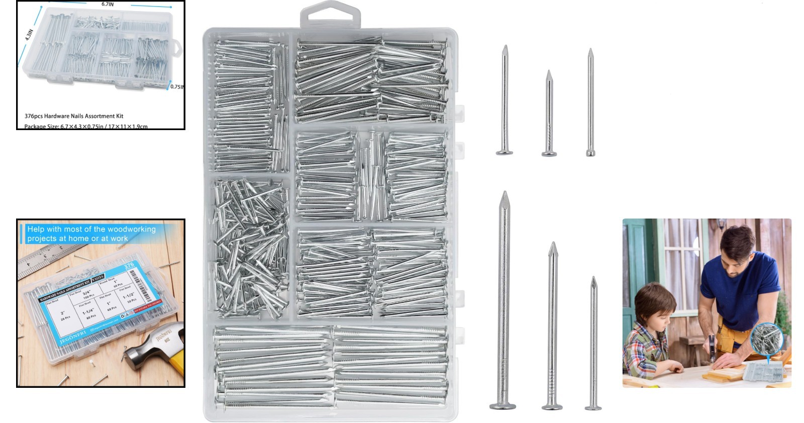 Portable 376pcs Galvanized Hardware Nails with Storage Box – 6 Essential Sizes