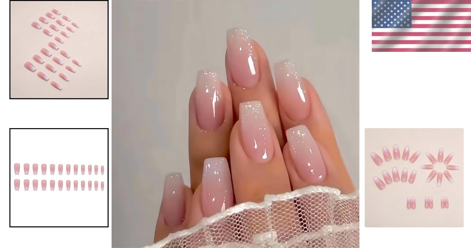 24 Pcs Ombre Glitter Coffin Press On Nails – Glossy Art Deco Design