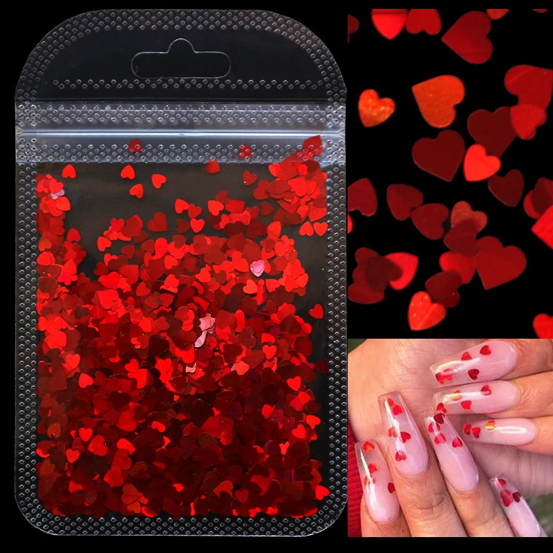 2g Holographic Nail Art Glitter Shiny Sweet Love Red Heart Flakes Sequins 3D Nai