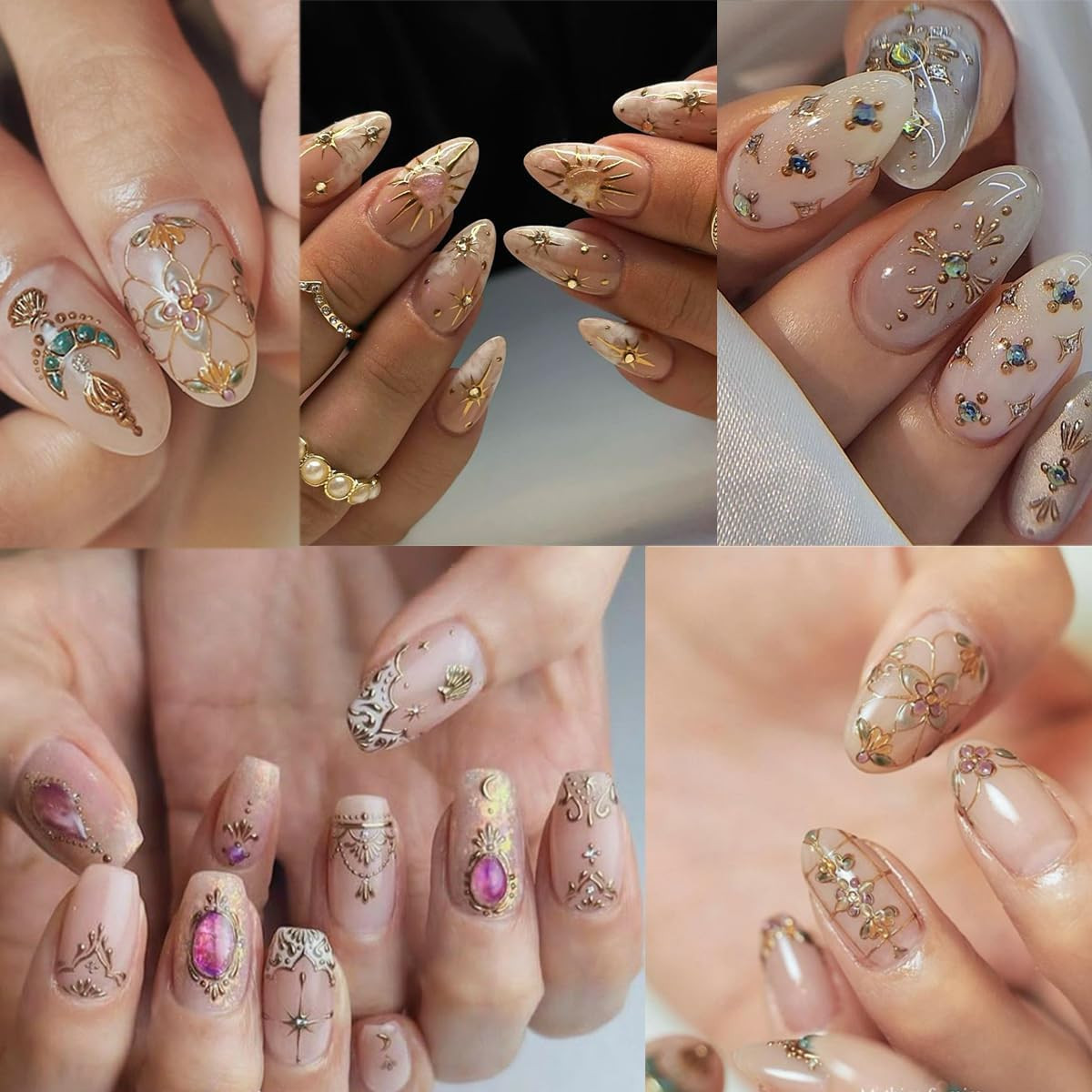 2 Sheets Bohemian Style Nail Decals Embossed Star Nail Art Stickers 5D Self-Adhe