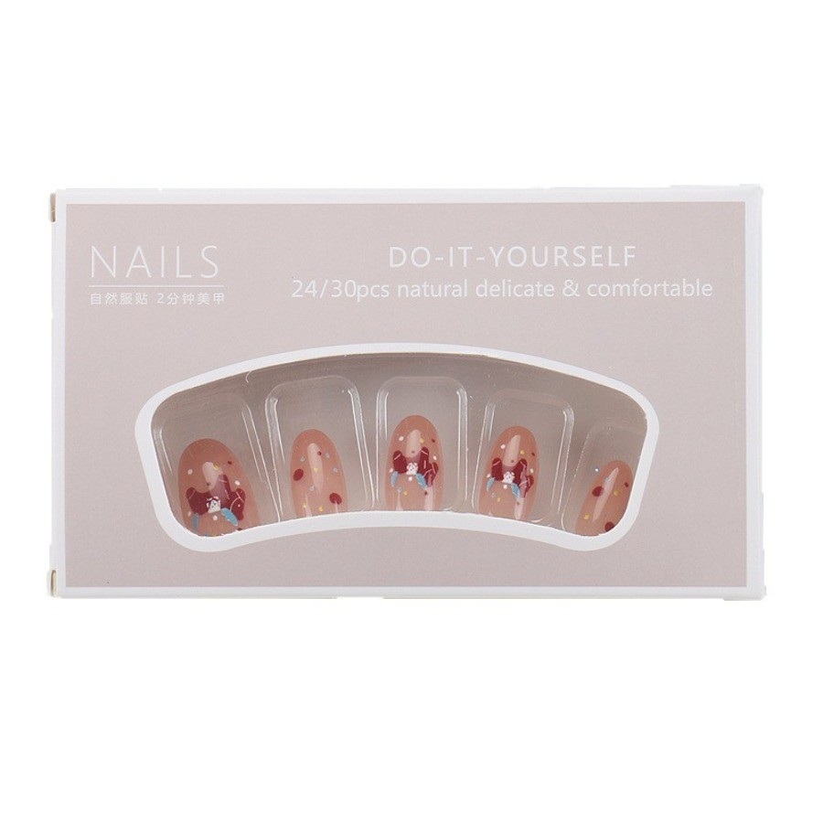 48pcs-Press on Nails Nude Red Cute Rocking Horse Print Glossy Round Nail Art Set