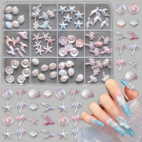 3D Aurora Ocean Nail Charms Summer Nail Rhinestones Beach Nail Art Shiny Shell