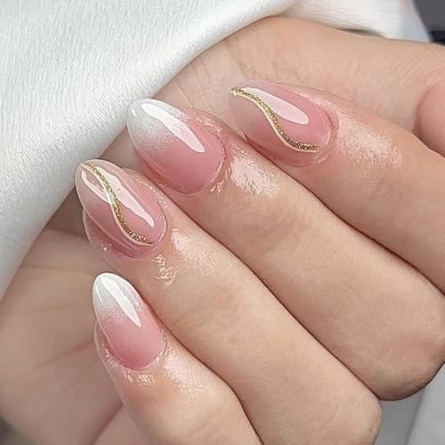 Ombre Pink Press on Nails with Gold Glitter Line Fake Nails Shimmery color31