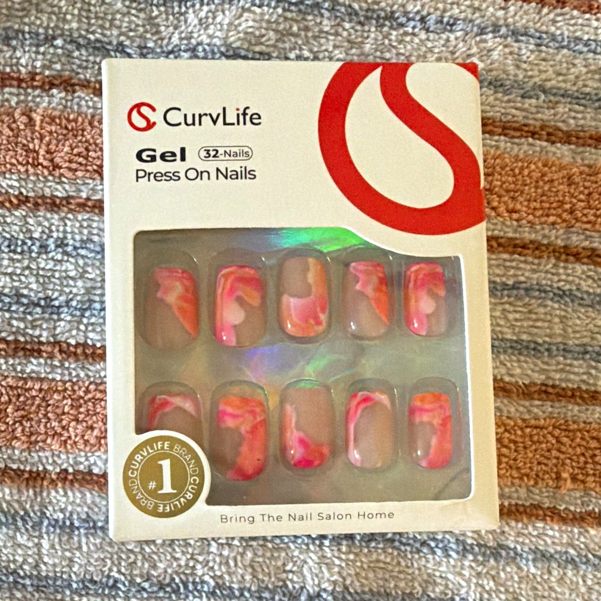 CurvLife Gel Press-On Nails 32pc Pink Beige Abstract French Square Short