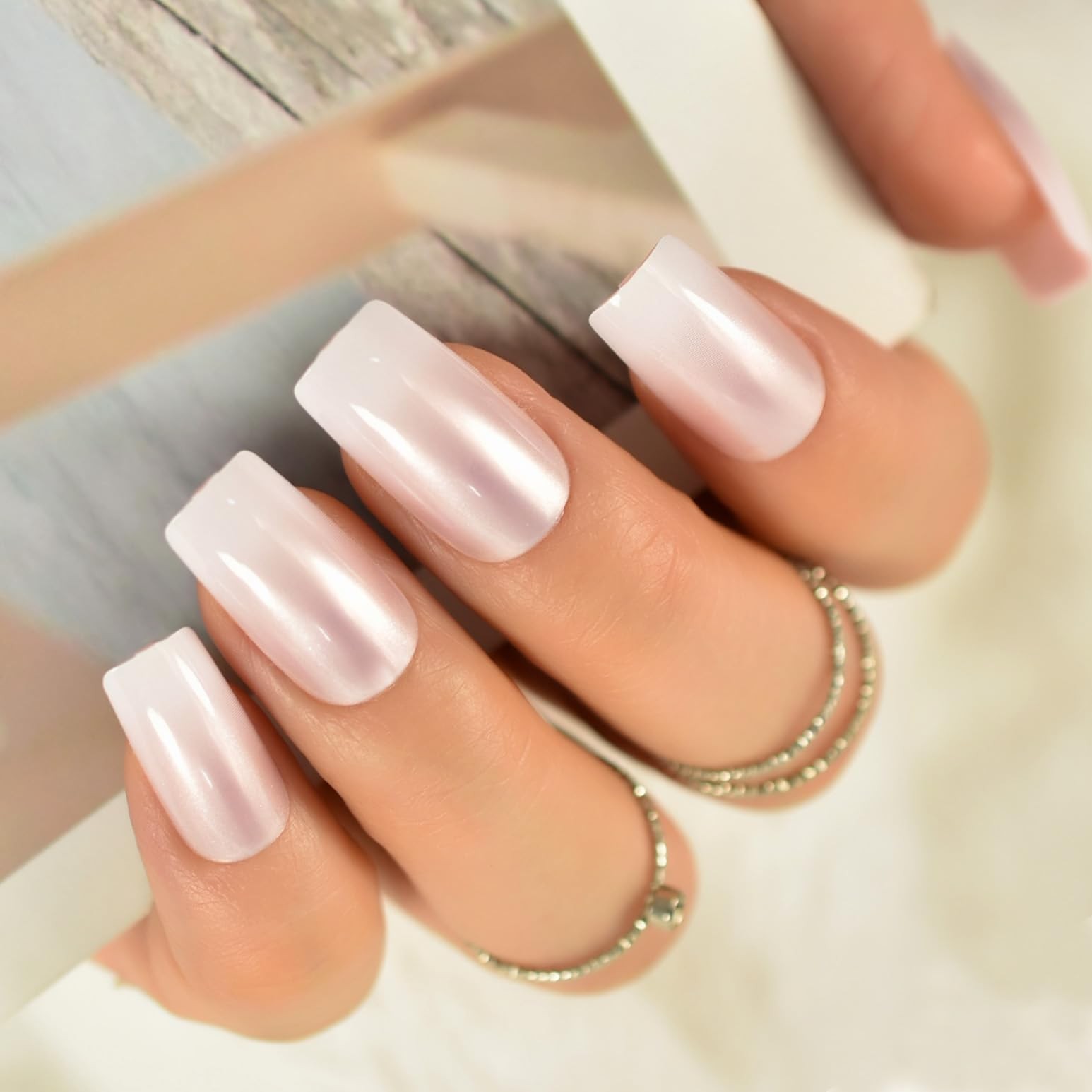 Elegant Pearl Pink French Press On Nails Medium – Ombre Acrylic False Glue On…