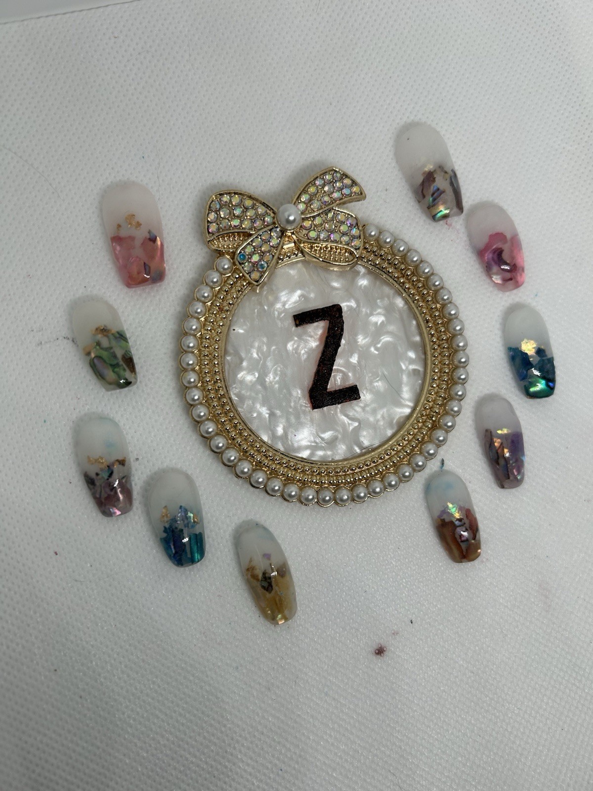 Z NAILZ! Handmade Gorgeous Milky White & Encased Abalone Shell Press On Nails