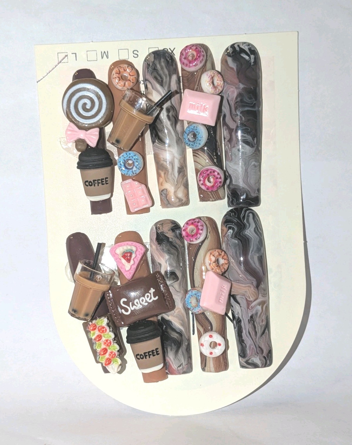 Hand Crafted 3Xl Java Marble Brown & Pink 3D Dessert Press-On Nails Sz Large