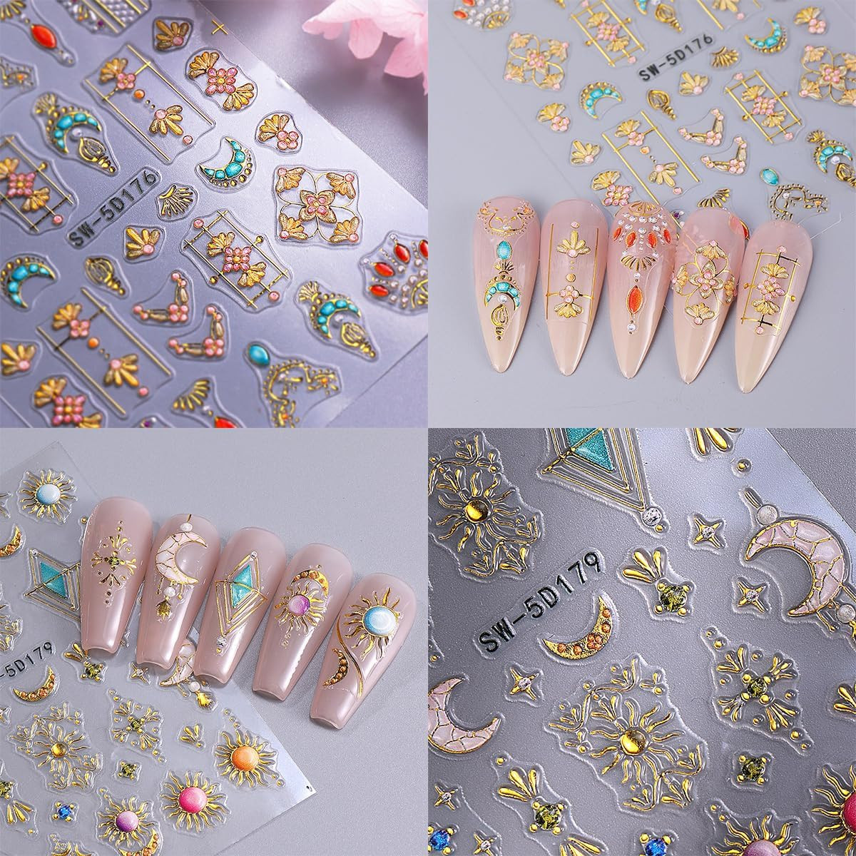 2 Sheets Bohemian Style Nail Decals Embossed Star Nail Art Stickers 5D Self-Adhe