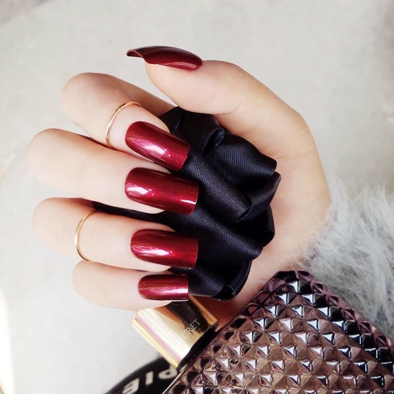 24 Medium Square Dark Red Press On Nails goth wine burgundy glue on kit satin
