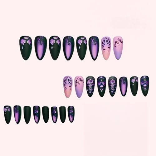24Pcs Purple Ombre Press on Nails Short Almond Nail Tips,Black Fake Design D7