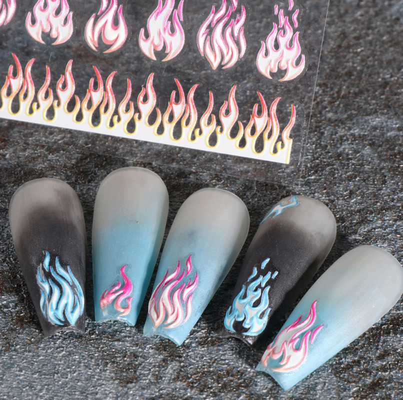 5D Engraved Fire Flame Nail Stickers Decal DIY Decoration French Manicure NH8