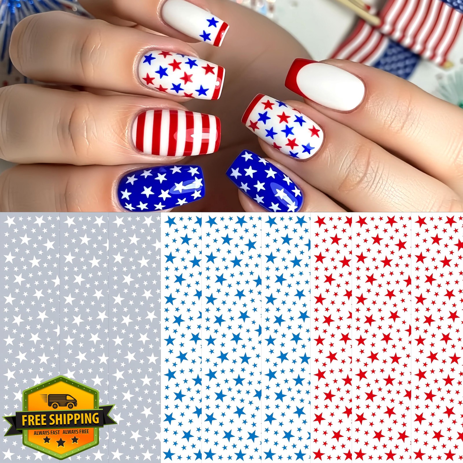 SHUXILIN Blue Red White Star Nail Stickers