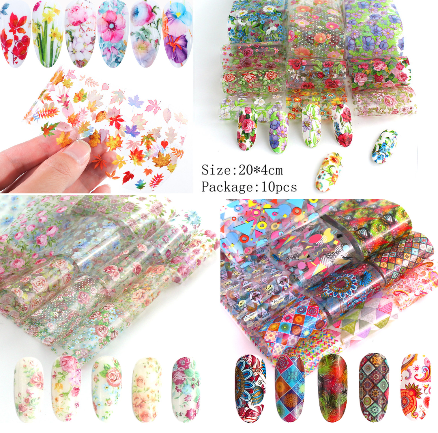 10Pcs Nail Art Foil Stickers Flower Pattern Transfer Decals Decoration Tips NS46