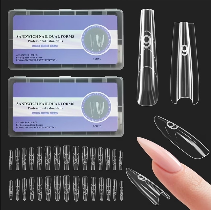 Qtaikong 480PCS Nail Forms Kit Long Almond Square Clear Quick Extension Molds