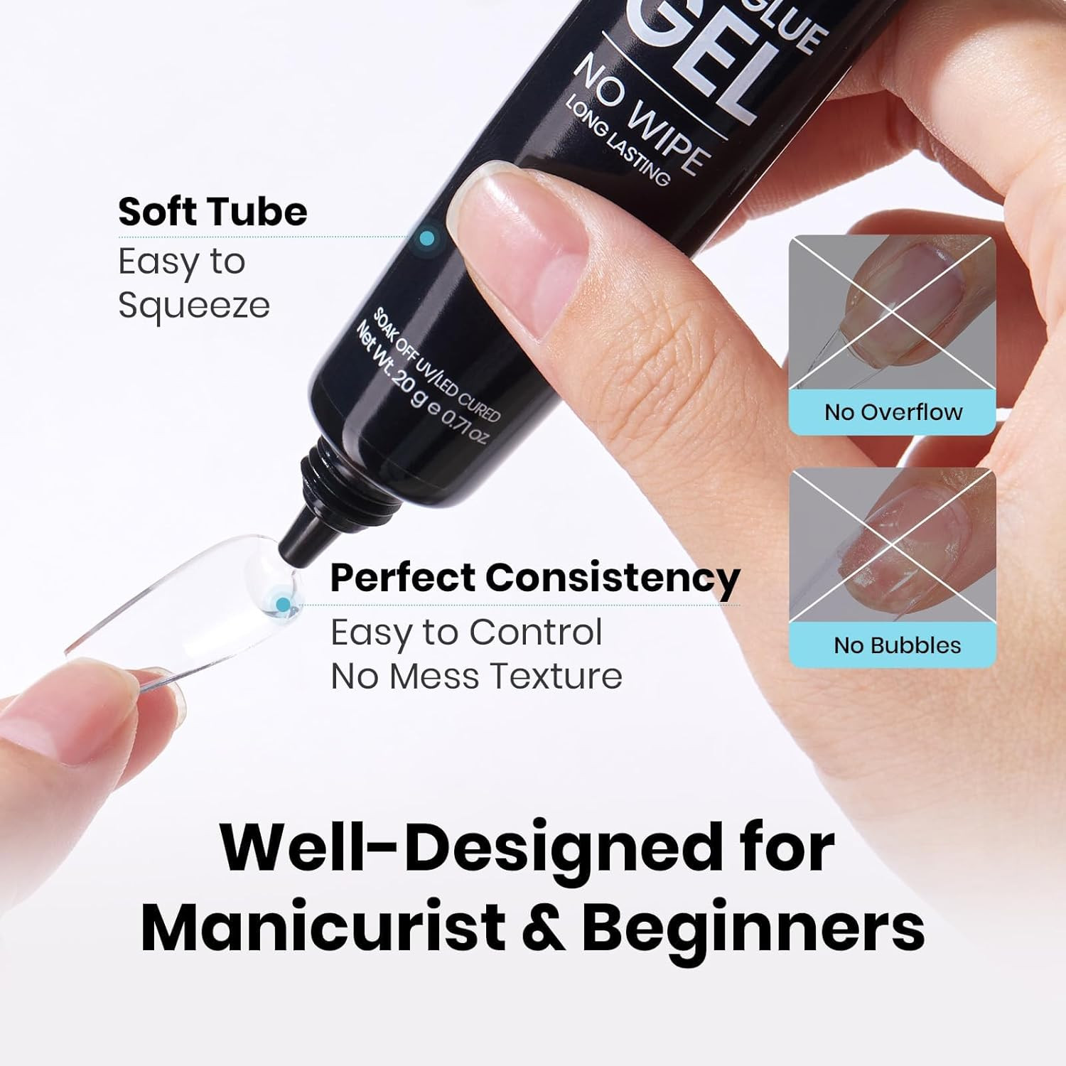 Beetles 20G Solid Nail Glue Gel – No Wipe, Hands-Free Soft Nail Tips Glue for Fa