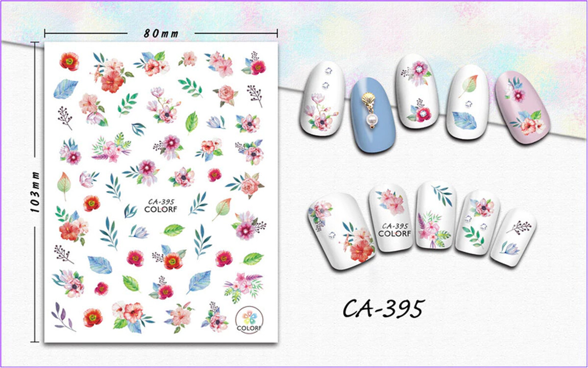 Nail art 3D stickers decal pink purple blue red flowers blue leaves CA395