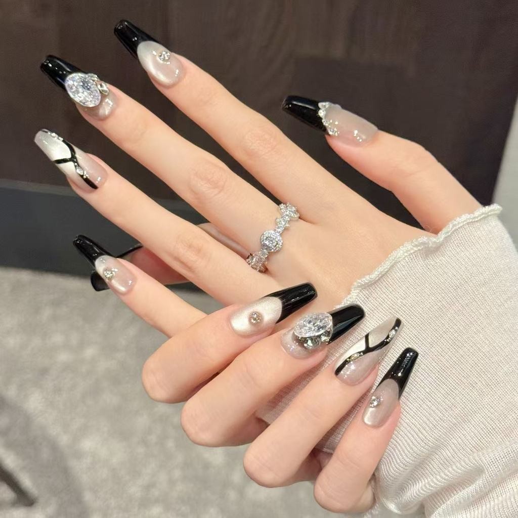 Handmade Fake Nail French Shinny Black Cat Eye 3D Diamond Luxury Press On Nail