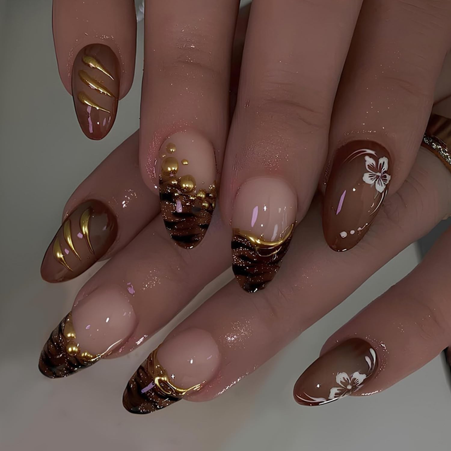 24Pcs Fall Press on Nails Short Almond Fake Nail