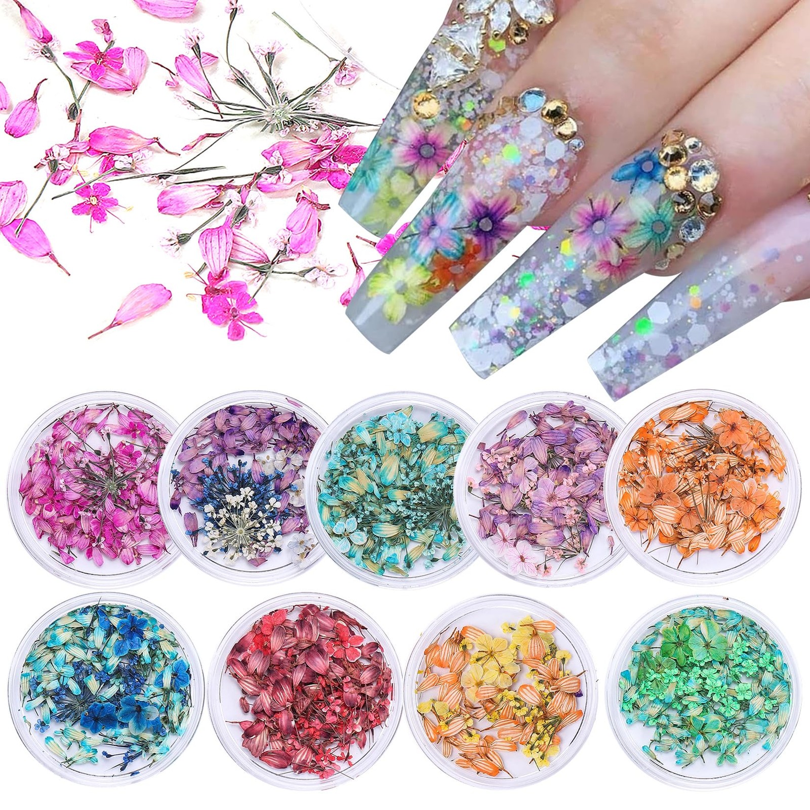 3D Dried Flowers Nail Decoration 9 Boxes 9 Colors Real Pressed Floral Leaves …