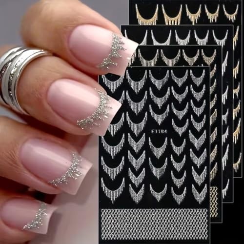 Glitter French Tip Nail Art Stickers Sparkly Gold Silver Tassel Line style8