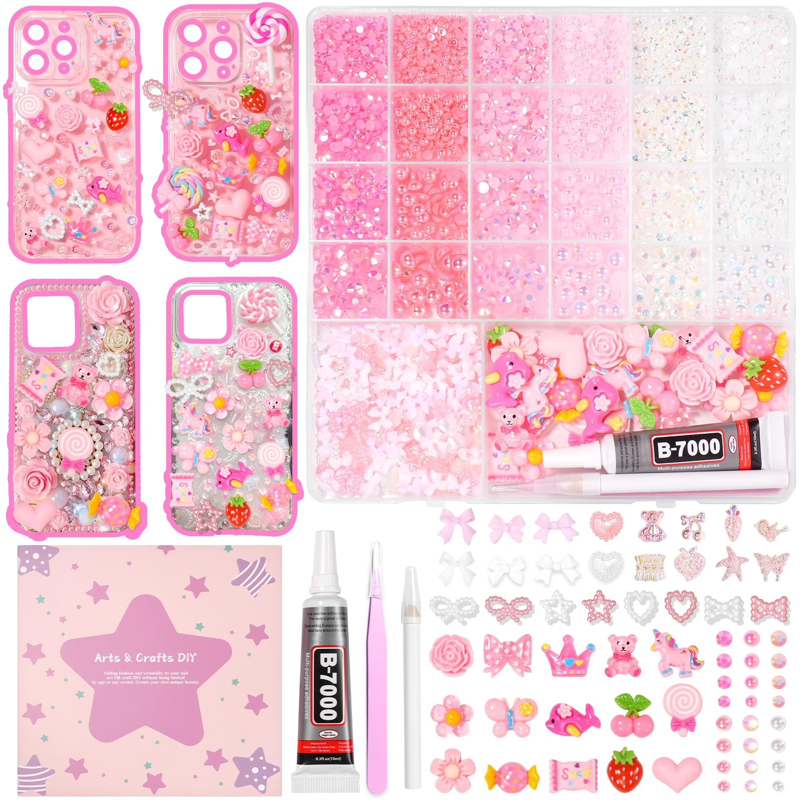 AnoleAir Junk Case Charms Kit, Pink White Pearls Resin Rhinestones Bedazzling…