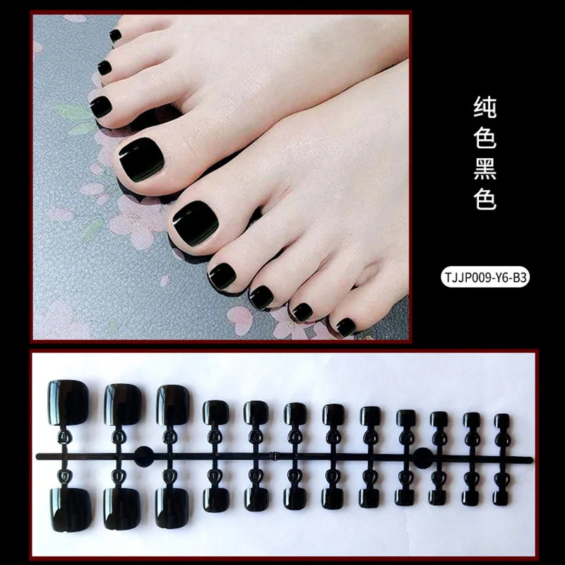 White French Nude Pink Short Fake Toenails Shiny Rhinestone Summer Flower Toe Fa