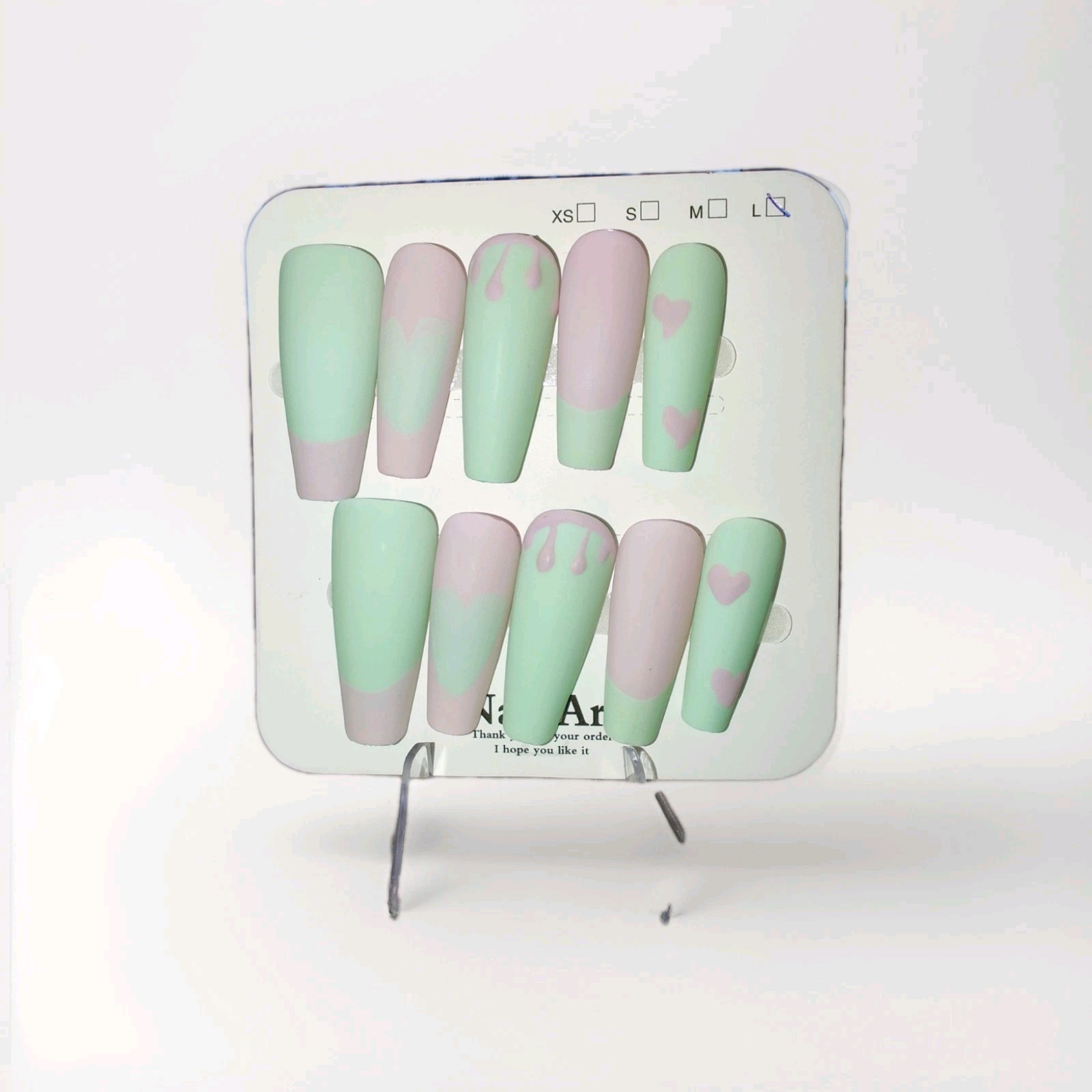 Mint Green Light Pink Matte Heart Drip Long Coffin Press-On Nails Full Cover
