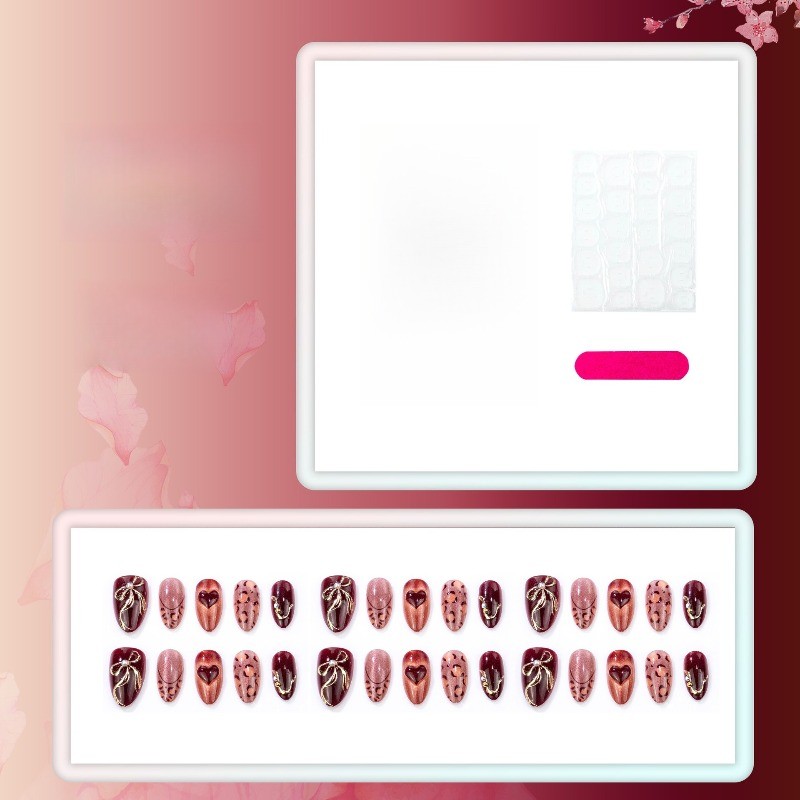48pcs-Press on Nails Burgundy Cat Eye Leopard Print Heart Almond Nail Art Set