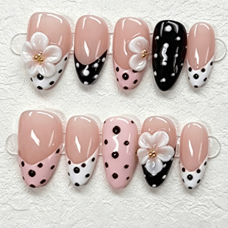 60Pcs Polka Dot White Floral Oval Press on Nails, Lovely Summer Daily Fake Nails