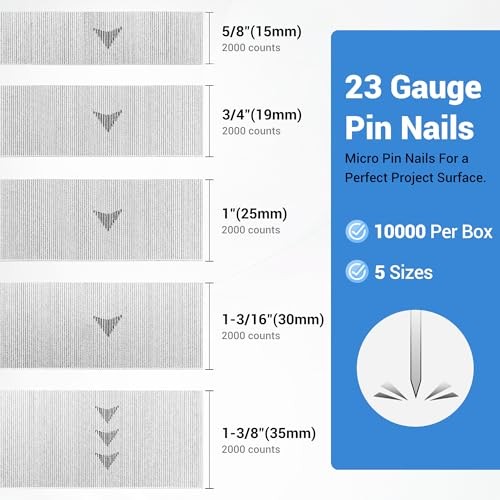 meite 23 Gauge Pin Nails – Assorted 5 Sizes (5/8″ to 1-3/8″), 10,000 Count Galva