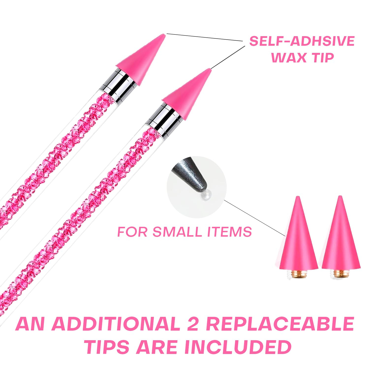8 Pink Rhinestone Picker Tool Set – 2 Pcs Dual-Head Wax Pens with 2 Wax Tips and