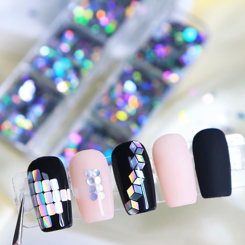 6 Grids Glitter Nail Art Sequins Triangle Hollow Square Mixed Shape Nails Decor