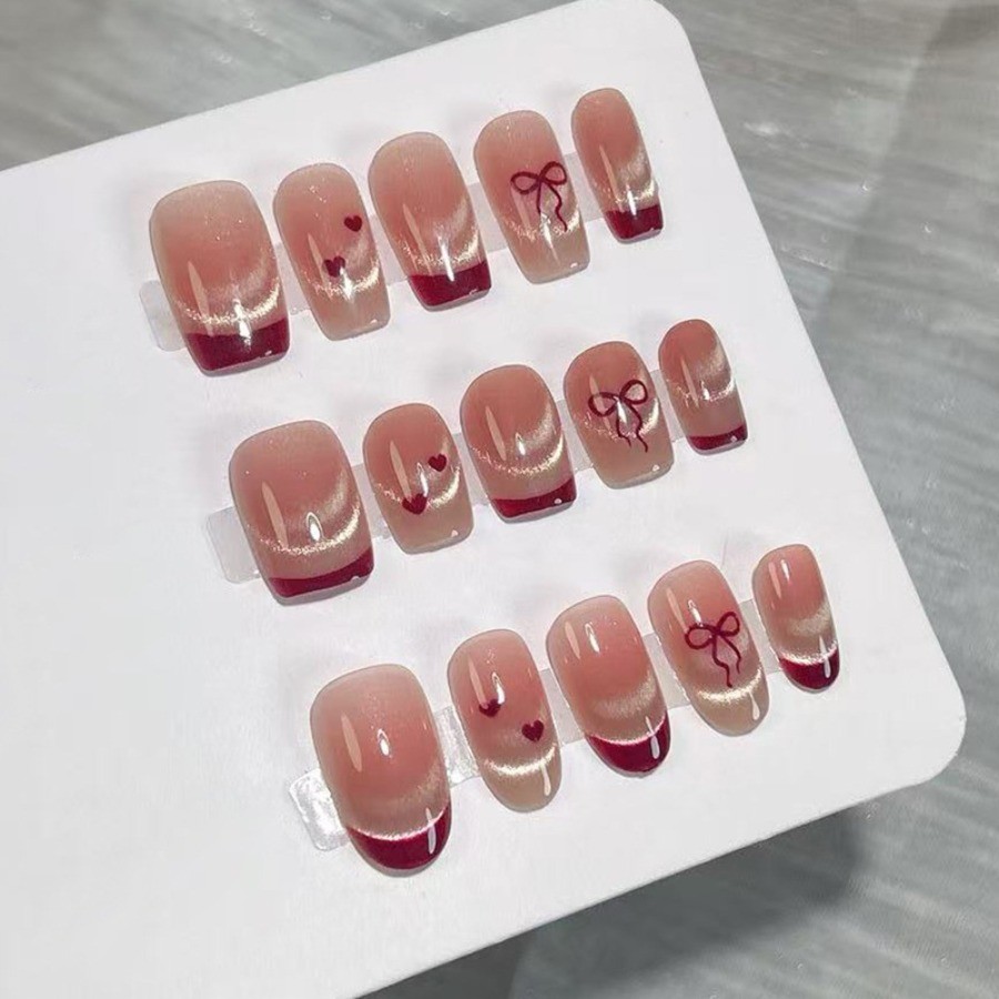 60pcs-Press on Nails Nude Red Cat Eye French Tip Bow Heart Short Square Set
