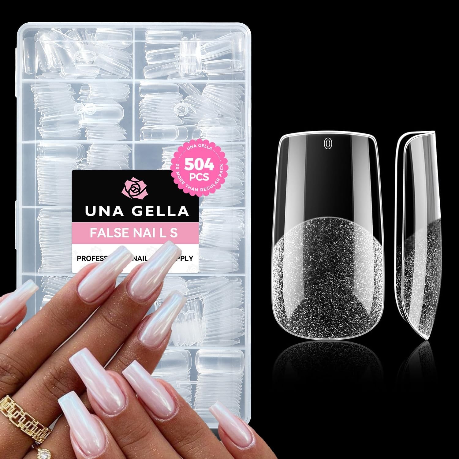 UNA GELLA Square Fake Nails 504pcs Clear Gel Tips 12 Sizes Full Cover Nail Kit