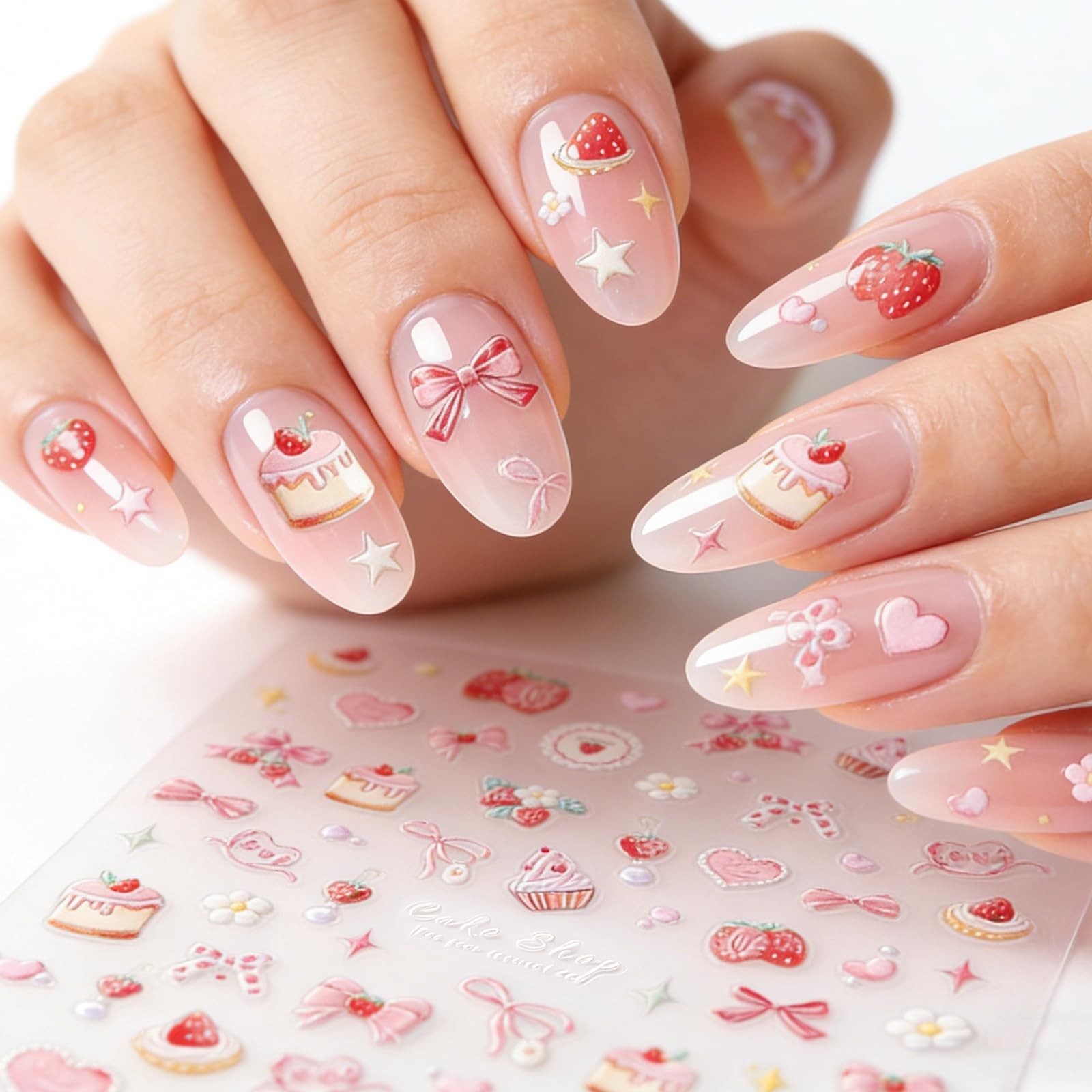 5D Embossed Pink Nail Stickers for Nail Art Cake Strawberry Bow Nail Decals A…