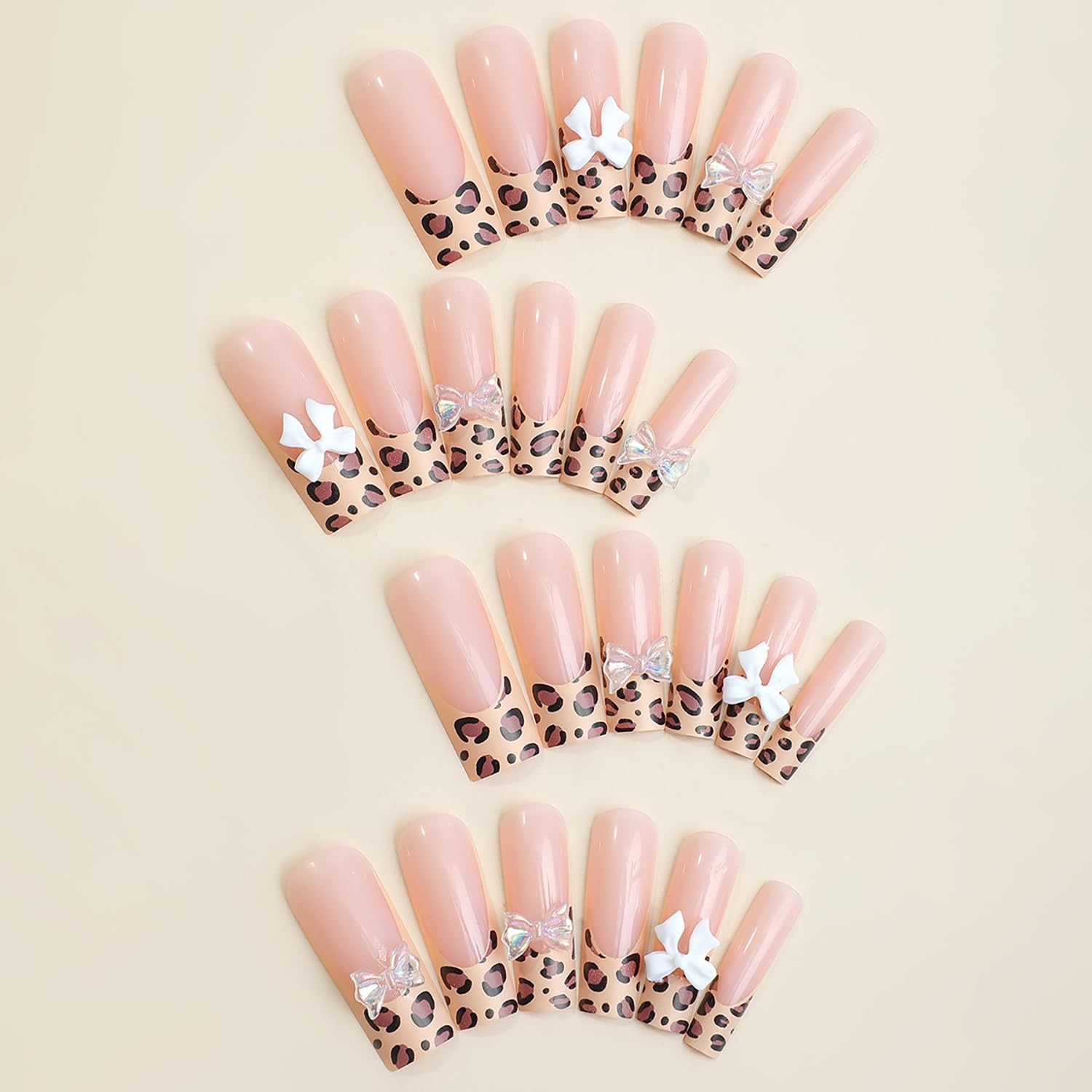 Leopard French Press on Nails Long Length Bow Tie False Nails Full Cover Coff…